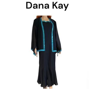 Dana Kay Dress Jacket Set Blue Trim Maxi Formal Evening Elegant Dress 16W